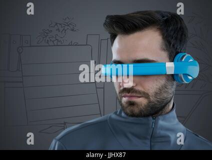 L'homme en bleu casque de réalité virtuelle contre gray bureau dessiné à la main Banque D'Images