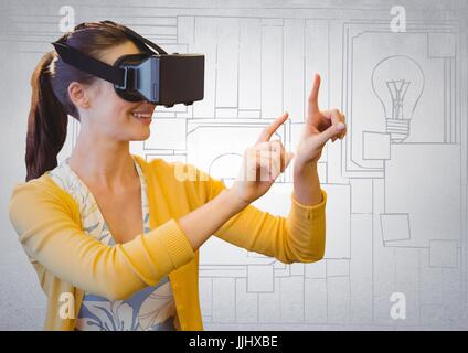 Femme au casque de réalité virtuelle contre mur dessiné à la main blanche avec des notes autocollantes 3d Banque D'Images