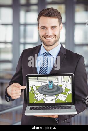 Young businessman smiling et scier la conception de la nouvelle salle de réunion sur l'ordinateur (vert, le gre Banque D'Images