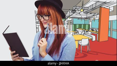 Femme millénaire avec ordinateur portable des dessinés à la main, 3D et bureau de transition blanc Banque D'Images