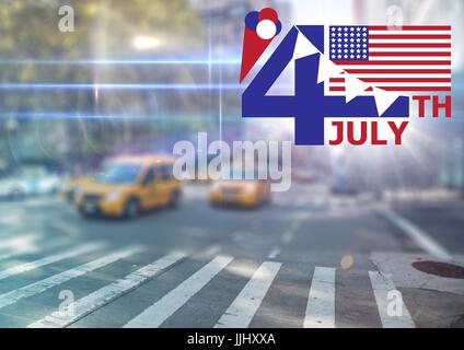 Quatrième de juillet graphique avec drapeaux et la crème glacée contre blurry scène de rue à l'aide de fusées éclairantes Banque D'Images