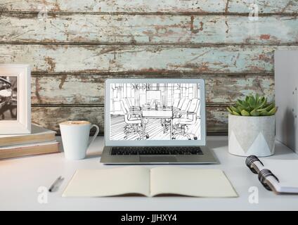 Ordinateur de bureau blanc avec le plan directeur du nouveau bureau (blanc et noir) Banque D'Images