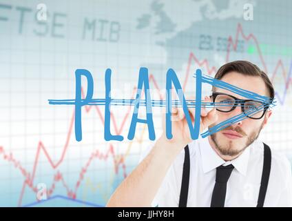 Jeune homme avec des lunettes 3D Plan d'écriture avec flèche dans l'écran. Contexte du marché boursier Banque D'Images