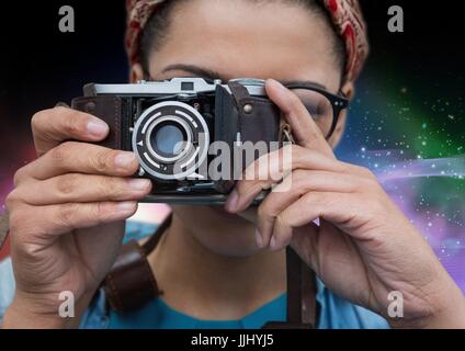 Photo photographe contre fond galaxy Banque D'Images