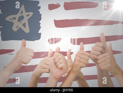 Hands giving Thumbs up contre hand drawn drapeau américain et mur blanc avec flare Banque D'Images