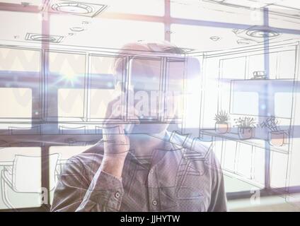 Jeune homme d'affaires avec des lunettes 3D dans le bureau de chevauchement avec des lignes de bureau Banque D'Images