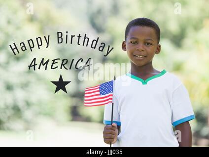 Quatrième de juillet gris graphique à côté boy holding american flag Banque D'Images