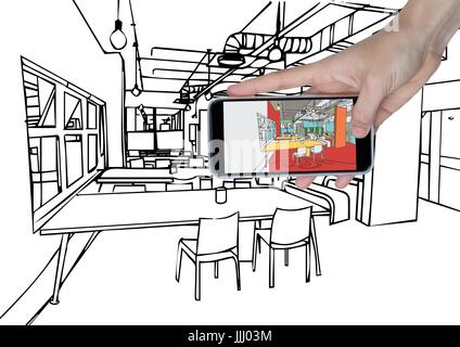 La main avec téléphone en face de l'office de 3D les lignes sans couleur et le même avec la couleur sur le téléphone Banque D'Images