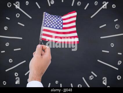 Main tenant drapeau américain contre tableau marine et blanc d'artifice doodle Banque D'Images