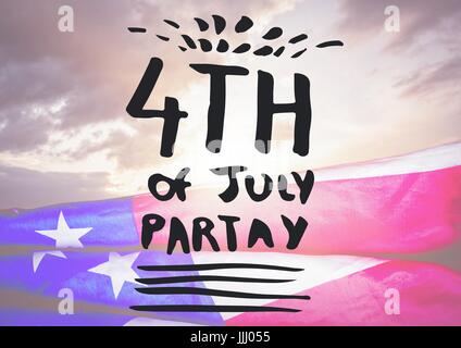 Quatrième de juillet gris graphique parti contre ciel du soir et drapeau américain Banque D'Images