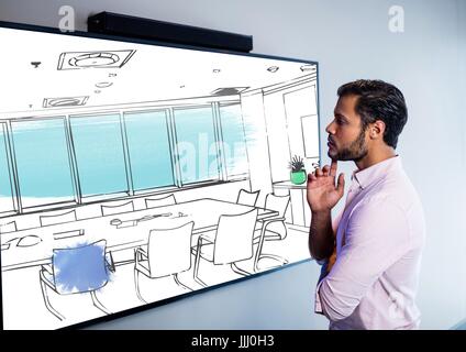 Businessman à l'écran sur le mur et de pensée sur le nouveau desing de 3D la nouvelle salle de réunion Banque D'Images