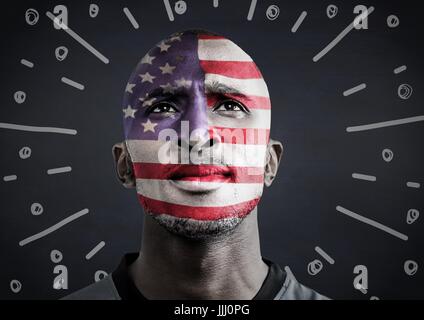 Portrait de l'homme avec le drapeau américain face paint contre tableau marine et blanc d'artifice doodle Banque D'Images