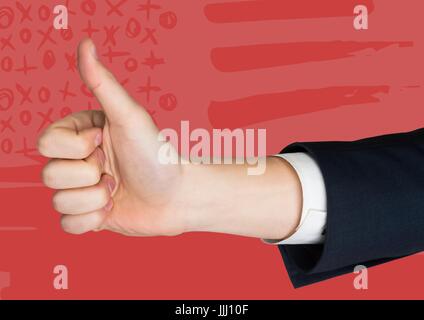 Hand giving Thumbs up against red hand drawn drapeau américain Banque D'Images