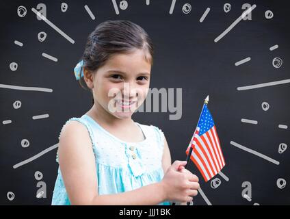 Girl holding american flag contre tableau marine et blanc d'artifice doodle Banque D'Images