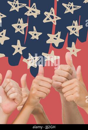 Hands giving Thumbs up against blue hand drawn étoile et fond rouge Banque D'Images