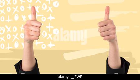 Deux mains giving Thumbs up 3d contre la main jaune drapeau américain Banque D'Images