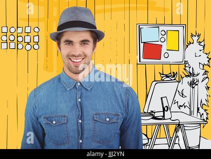 Man smiling millénaire contre la main jaune office Banque D'Images