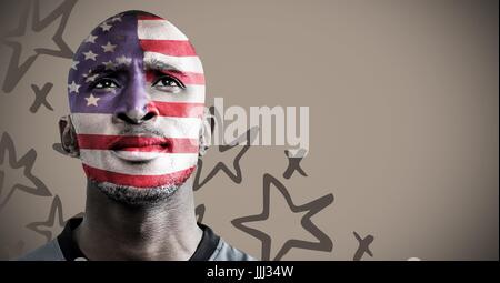 Portrait 3D de l'homme avec le drapeau américain face paint contre fond brun avec étoile dessiné à la main pa Banque D'Images