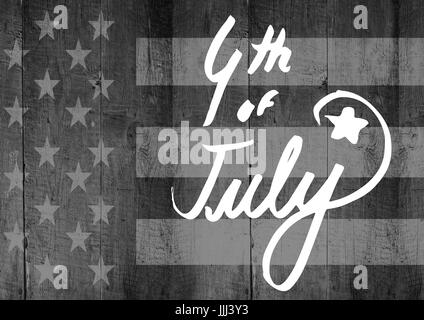 Quatrième de juillet blanc gris graphique contre drapeau américain sur panneau de bois Banque D'Images