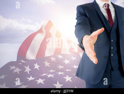 L'homme d'affaires secouant sa main contre 3D drapeau américain Banque D'Images