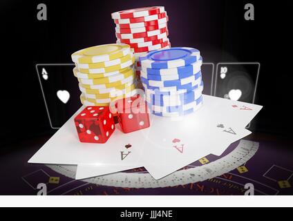 Cartes à jouer avec des jetons de poker et les dés sur le tableau 3d Banque D'Images