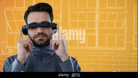 L'homme à casque de réalité virtuelle contre orange et blanc fenêtre dessiné à la main Banque D'Images