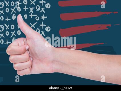 Hand giving Thumbs up contre hand drawn drapeau américain Banque D'Images
