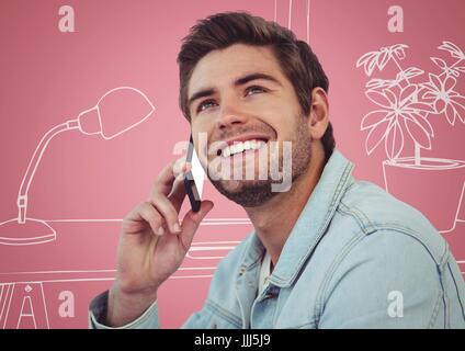 L'homme millénaire sur les téléphones contre rose et blanc bureau dessinés à la main, 3D Banque D'Images