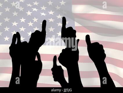 Ombre de personnes avec Thumbs up contre drapeau américain Banque D'Images