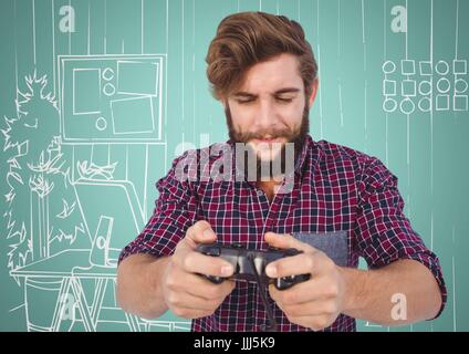 L'homme millénaire à jouer à des jeux vidéo contre aqua et blanc bureau dessiné à la main Banque D'Images
