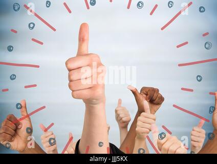Hands giving Thumbs up contre panneau bleu flou et rouge bleu d'artifice doodle Banque D'Images