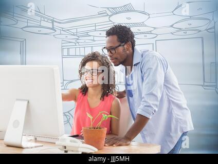 La génération Y à l'encontre de l'ordinateur de bureau à la main bleu Banque D'Images