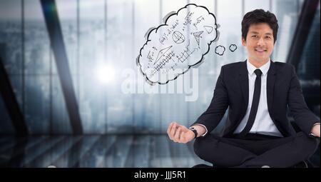 Business man meditating contre fenêtre bleu avec la pensée mathématique montrant cloud doodles Banque D'Images