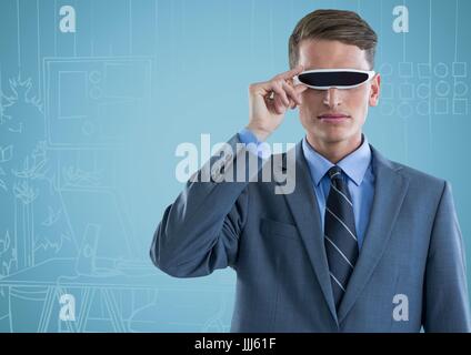 L'homme d'affaires dans la région de casque de réalité virtuelle contre blue hand drawn office Banque D'Images