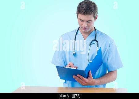 3d composite image of surgeon writing on clipboard Banque D'Images