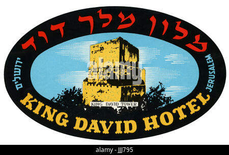 Assurance label - hôtel King David, à Jérusalem. 20e siècle. Le roi David montre tour et texte en hébreu. La conception graphique. Banque D'Images