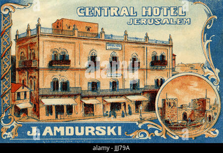 Assurance label - Central Hotel, Jérusalem. 20e siècle. Salons de l'hôtel et la tour du roi David. La conception graphique. Banque D'Images