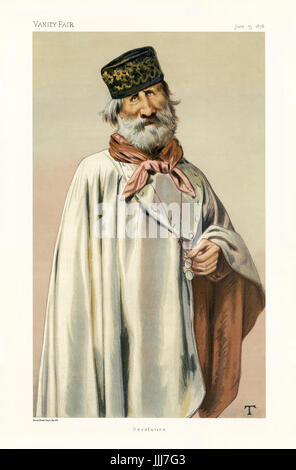 Giuseppe Garibaldi - portrait debout dans un manteau gris. Vanity Fair caricature par T. (de son vrai nom Théobald Chartran, 20 juillet 1849 - 16 juillet 1907). Sous-titre suivant 'Revolution', en date du 15 juin 1878. (Lithographie de Vincent Books, Day & Son) GG, général italien et homme politique et figure clé de l'unification de l'Italie : 4 juillet 1807 - 2 juin 1882. Banque D'Images