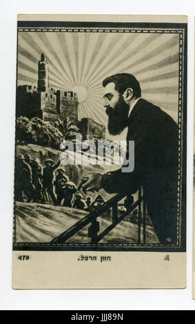 Theodor Herzl (2 mai 1860 - 3 juillet 1904), né Benjamin Ze'ev Herzl, fondateur de l'Organisation sioniste mondiale. Imagingin Holdy illustration idéalisée de la Terre et de Jérusalem. Banque D'Images