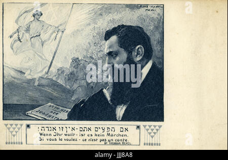 Theodor Herzl (2 mai 1860 - 3 juillet 1904), né Benjamin Ze'ev Herzl, fondateur de l'Organisation sioniste mondiale, carte postale commémorative avec citation de l'ouvrage de Herzl Ancien Nouveau Land / Altneuland : "Si vous le voulez, ce n'est pas un rêve" Banque D'Images