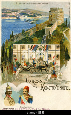 Kaiser Wilhelm visite en Terre Sainte (Palestine), 1898, carte postale commémorative, Constantinople, avec le Sultan Abdul Hamid II de l'Empire Ottoman Banque D'Images
