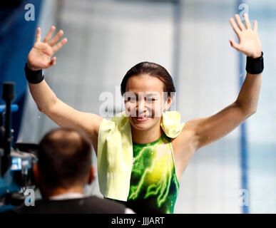 Budapest, Hongrie. 19 juillet, 2017. Cheong Jun Hoong de Malaisie réagit après le women's 10m plate-forme de plongée finale à la 17e Championnats du Monde FINA à arène Duna à Budapest, Hongrie, le 19 juillet 2017. Cheong Jun Hoong a remporté la médaille d'or avec 397,50 points. Credit : Ding Xu/Xinhua/Alamy Live News Banque D'Images