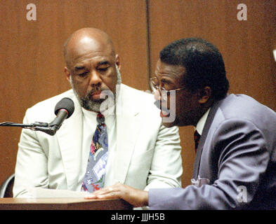 Procureur de la défense plomb Johnnie L. Cochran, Jr., droit, questions témoin Howard L. Bingham, gauche, pendant le procès de l'ancien running back star NFL O.J. Simpson pour le meurtre de son ex-épouse, Nicole Brown Simpson et un de ses amis, garçon de restaurant, Ron Goldman à Los Angeles County Superior Court à Los Angeles, Californie le 13 juillet 1995. Crédit : Steve Grayson / Piscine via CNP /MediaPunch Banque D'Images