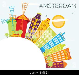 Amsterdam skyline avec les bâtiments, de couleur bleu ciel et espace copie. vector illustration. Les voyages d'affaires et tourisme concept avec l'architecture historique. Illustration de Vecteur
