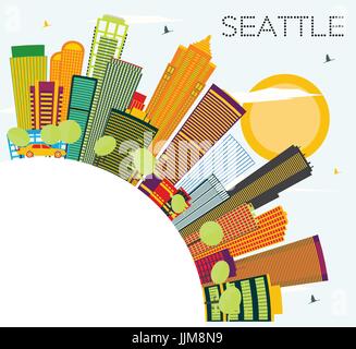 Seattle skyline avec les bâtiments et l'espace de copie couleur. vector illustration. Les voyages d'affaires et tourisme concept avec l'architecture moderne. Illustration de Vecteur