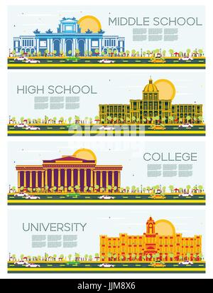 Ensemble de l'université, les lycéens et les bannières de l'étude. Vector Illustration. Les étudiants à partir de l'édifice principal de l'université. Skyline avec ciel bleu Illustration de Vecteur