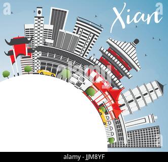 Xian avec toits de bâtiments gris, bleu ciel et espace copie. vector illustration. Les voyages d'affaires et tourisme concept avec l'architecture historique. Illustration de Vecteur