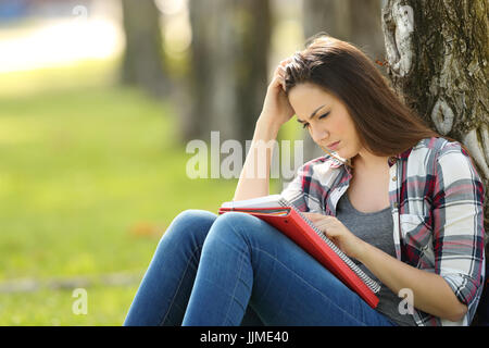 Seul élève attentif extérieur notes mémorisation assis sur l'herbe dans un parc Banque D'Images