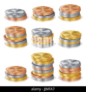 Or, Argent, Bronze, Cuivre Coins Stacks vecteur. Finances Icônes, signe, symbole de trésorerie bancaire de succès. Concept d'investissement. Monnaie réaliste illustration isolé Illustration de Vecteur
