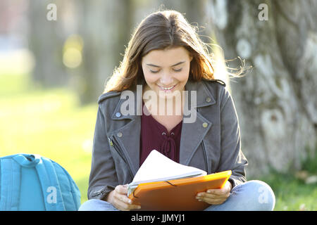 Seul élève fille étudiant à lire des notes assis sur l'herbe dans un parc Banque D'Images